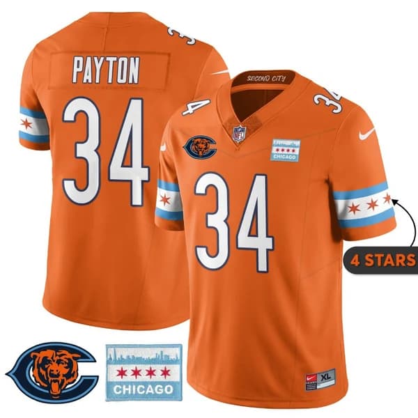 Men's Chicago Bears #34 Walter Payton Orange City Edition F.U.S.E. With Chicago Flag Vapor Untouchable Limited Stitched Football Jersey